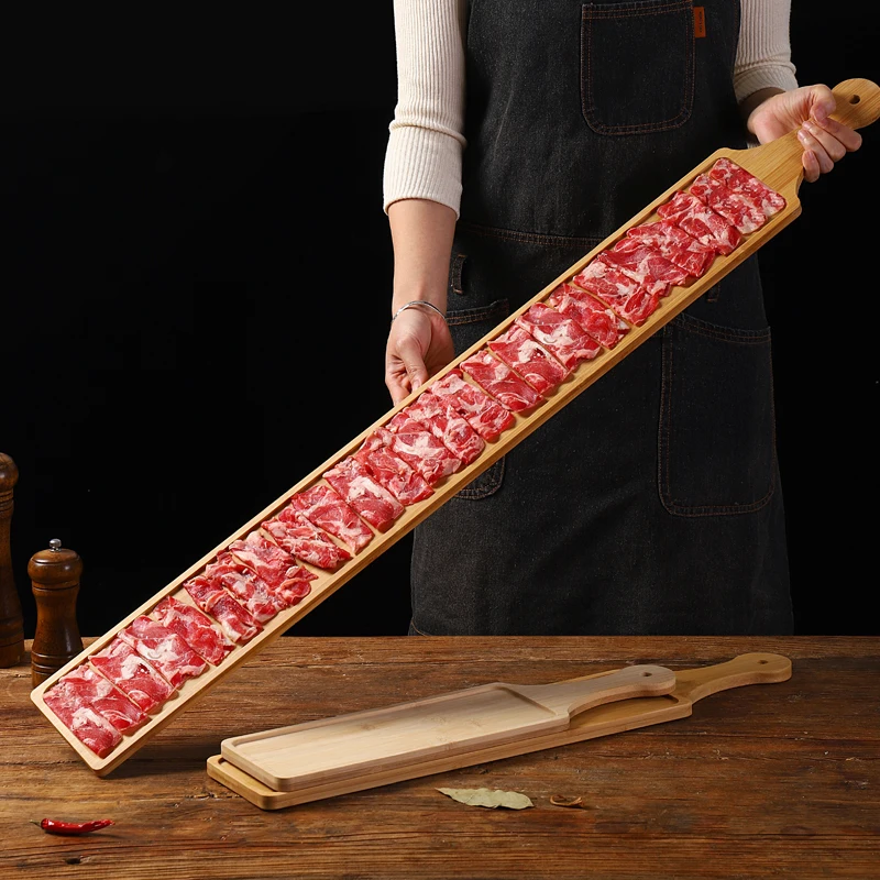 Plato Largo Creativo de Madera para Carne de Res y Cordero, Bandeja Rectangular de Bambú Hecha a Mano para Barbacoa, Hot Pot y Complementos
