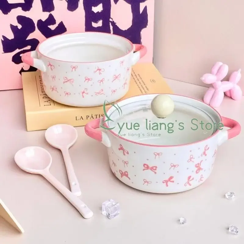 Pink Bow Double Ear Handle Bowl Ceramic Instant Noodles Bowl with Lid Cute Girl Heart Soup Bowl, High Beauty Household Rice Bowl