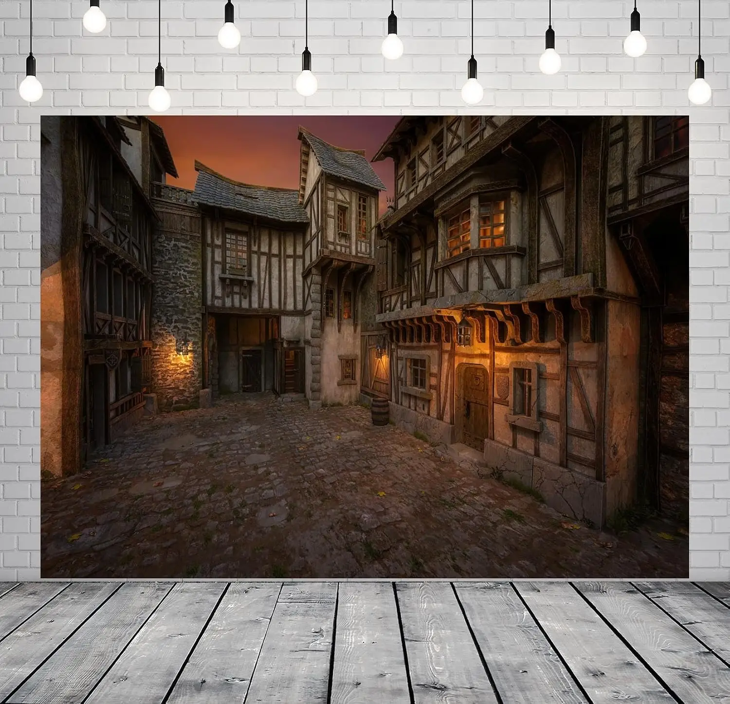 Medieval Village photography Backdrop Fantasy Town Night Ancient Houses Cobbled Street Party Decor Photoshoot background