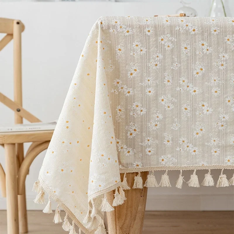 Korean Style Small Daisy Floral Cotton Tablecloth Rectangular Table Cover Kitchen Dining Wedding Tea Table Decor