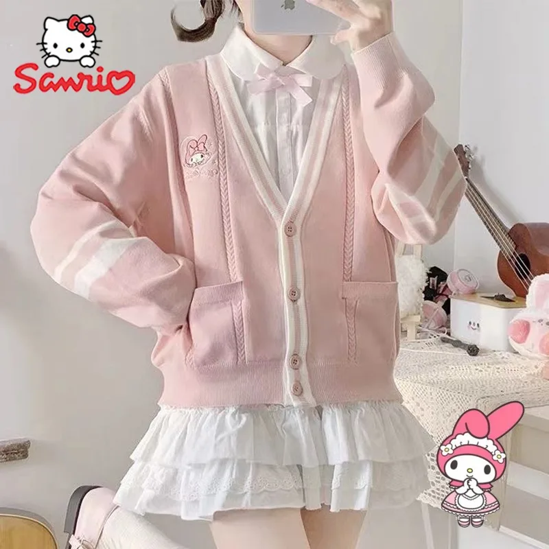 Sanrio Hello Kitty Kuromi Cardigan da donna maglione cartone animato carino JK uniforme maglione ragazza stile britannico maglione lavorato a maglia