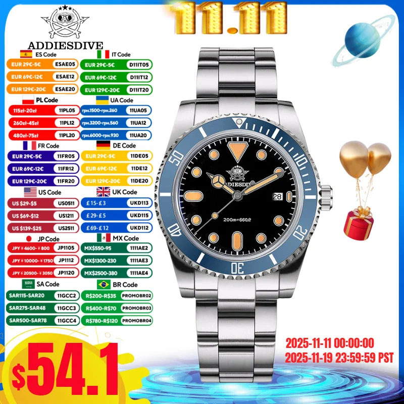 

ADDIESDIVE 2025 NEW 39mm Men Watch Ceramic Bezel BGW9 Blue Luminous 20Bar Diving Date 316L Stainless Steel Sport Quartz Watches