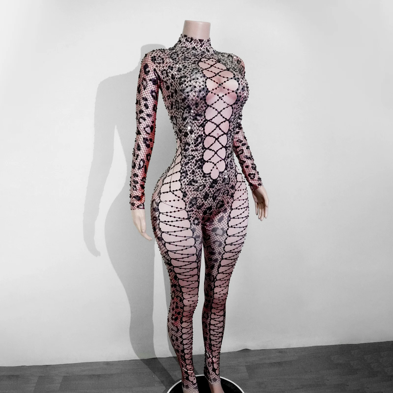 Sexy leopardo impressão net vestido apertado para mulher de manga comprida corte rendas vestido apertado para clubes festas e discotecas