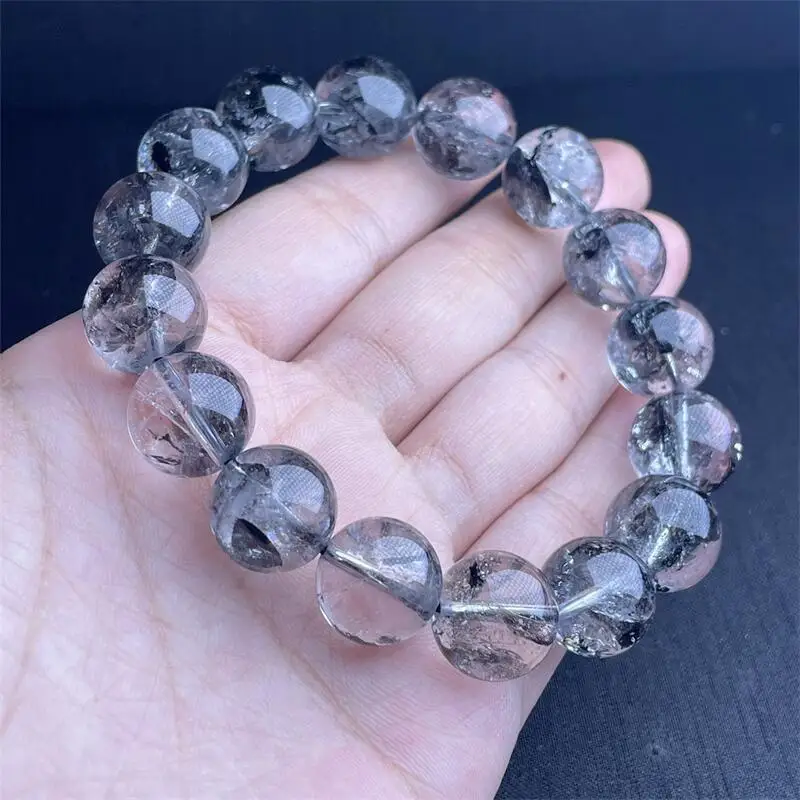 12MM Natural Black Herkimer Diamond Bracelet Fashion Gemstone Crystal Jewelry Bangle For Women Holiday Gift 1PCS