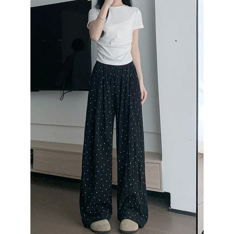 Blue Wave Point Wide Leg Pants Women Summer Thin 2024 New Casual Comfortable Texture Ice Shreds Elastic Waist All-match Trousers