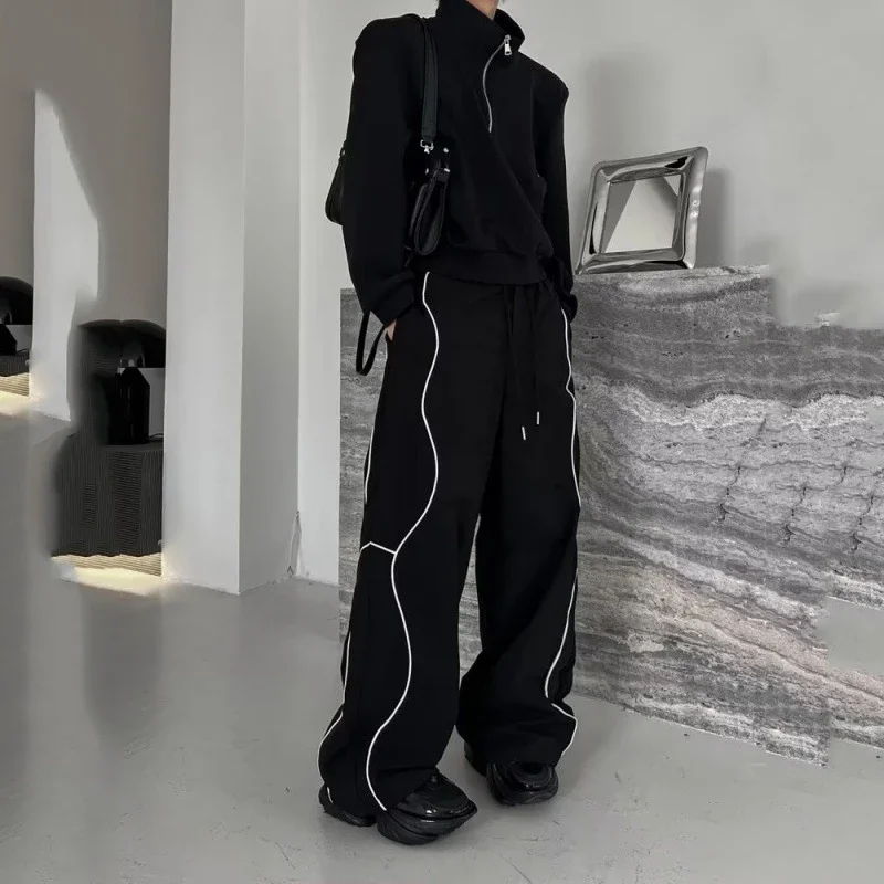 

New Straight Casual Pants Mens Punk Black Lightweight Trousers Summer Wide Leg Floor Length Pants Streetwear Outdoor Hiking Pant