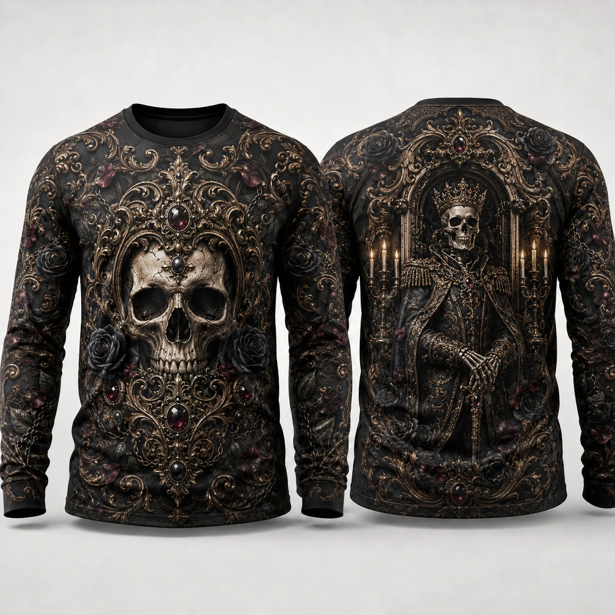 Dark Rose Skull Crown Long Sleeve T Shirt 3D All Over Print Unisex Gothic Graphic Tee Casual Streetwear Gift Men Women