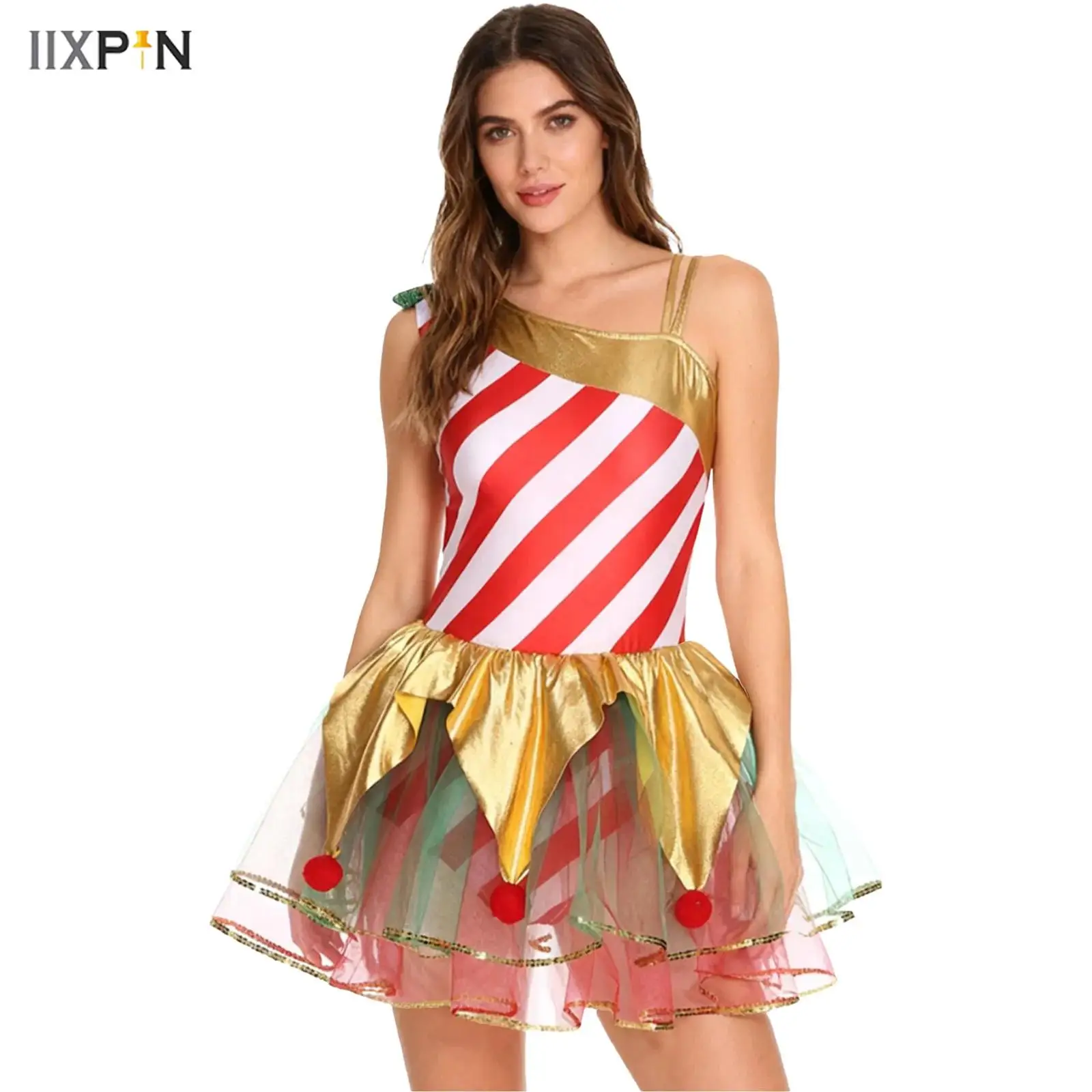

Women Christmas Candy Cane Cosplay Tutu Dress Metallic Pompoms Tiered Tulle Leotard Striped Dress for Xmas Elf Fancy Dress Party