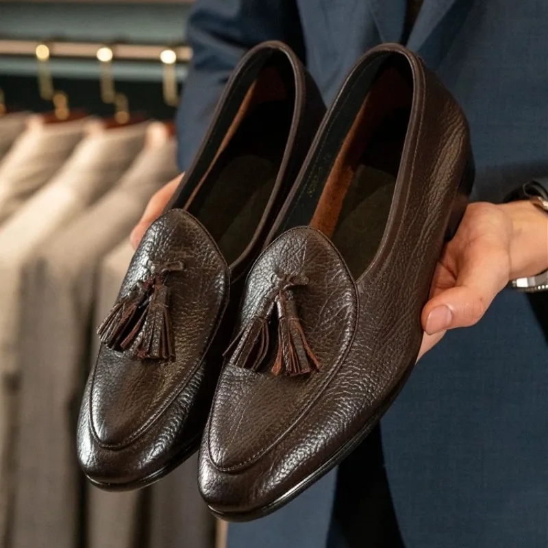 Old Money Style Gentleman Italian Genuine Leather Tassel Loafers Men Simple Casual Business Commuter Leather Shoes