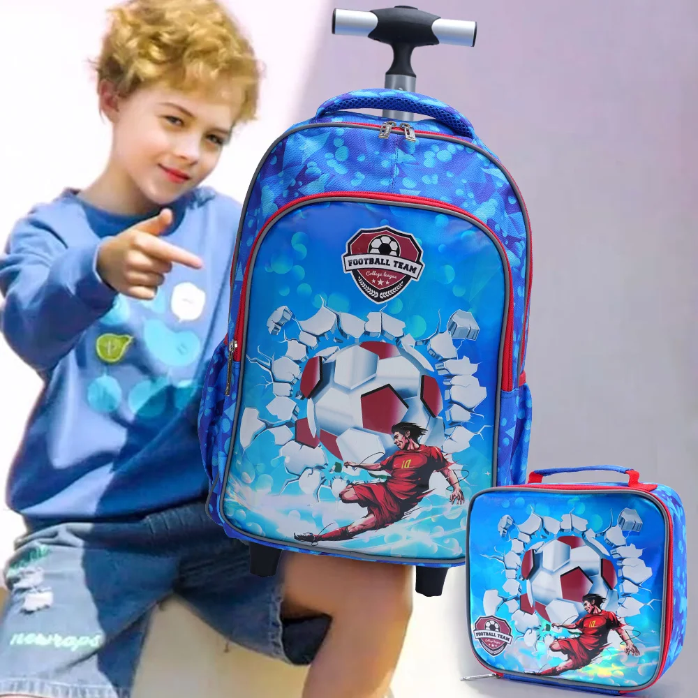 3PCS Rolling Backpack for boys Kids Wheeled School BookBag With Lunch And Pen Bag Cyan soccer design Glow-in-the-dark Function