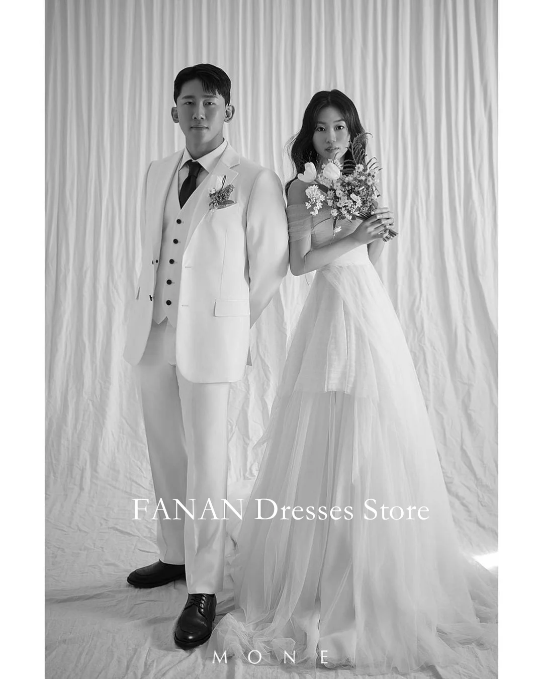 

FANAN Off Shoulder Short Sleeves Korea Ivory Tulle Tiered Wedding Dresses 웨딩드레스 Custom Made Pretty Bride Gowns Plus Size