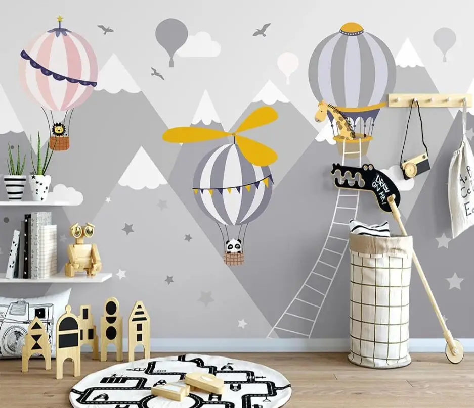 Custom size wallpaper Cartoon hot air balloon rainbow mural children's room airplane clouds starry sky decorative 3d wallpaper