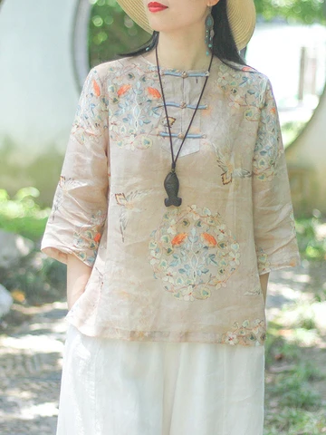 

Retro Women's Cotton Linen irt Spring Summer New Sle Floral Print Button Cuff Svel round Ne Regular Fit Blouse