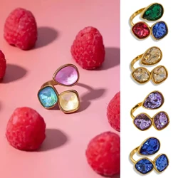 Light luxury style color zircon titanium steel open ring design sense water drop square elements