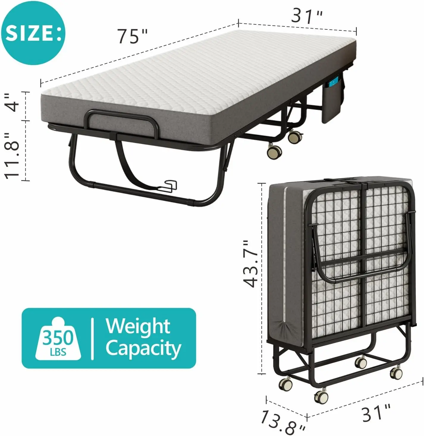 Folding Bed with Mattress for Adults, 75