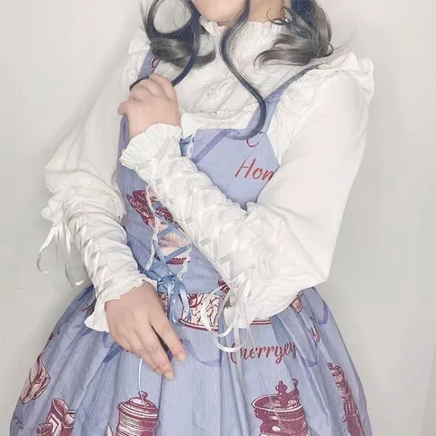 Harajuku Лолита, белые рубашки с оборками, женские модные милые кружевные блузки с воротником-стойкой, Blusas Mujer с длинными рукавами