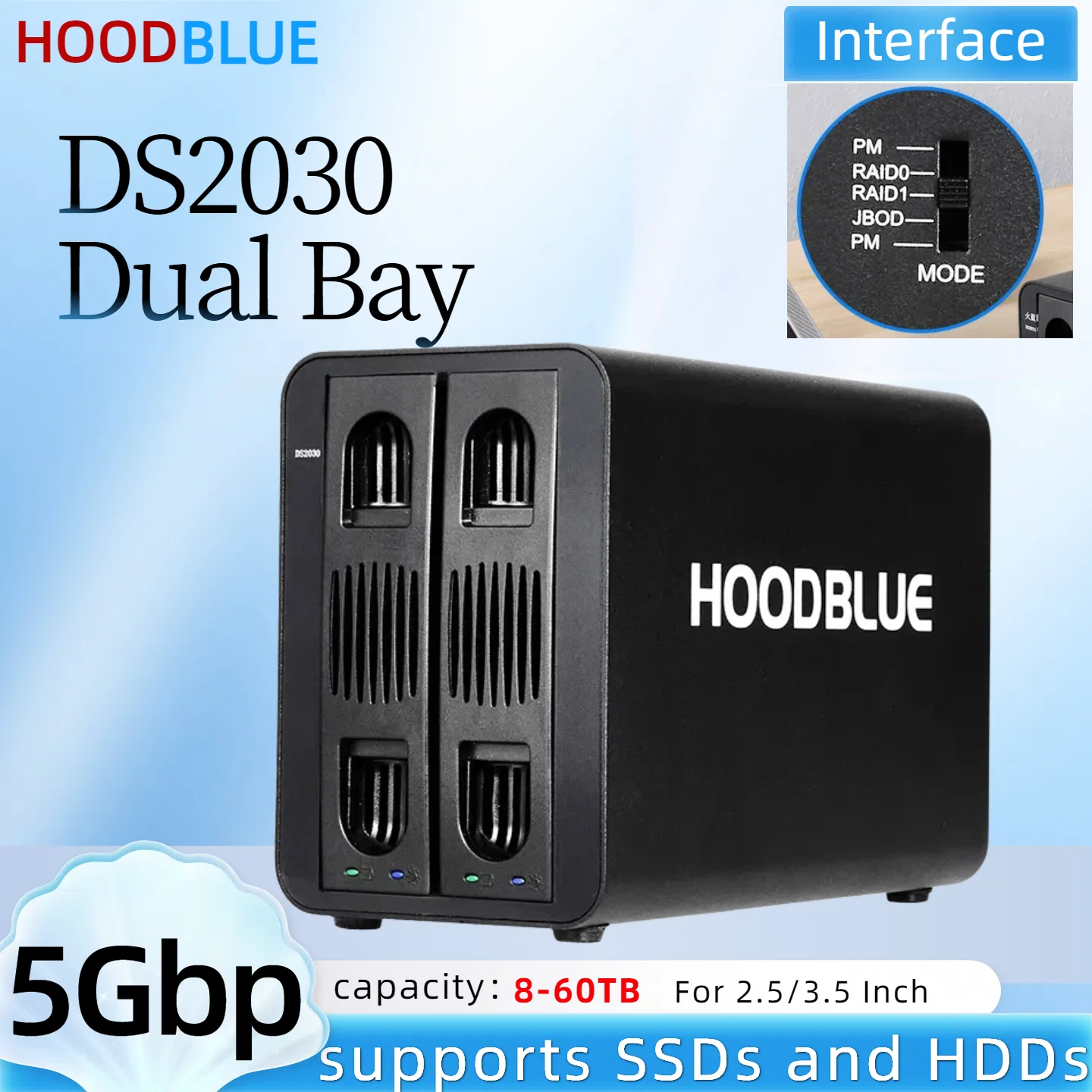 HOODBLUE 2ベイHDDドッキングステーション 2.5インチ/3.5インチ SSDエンクロージャ SATA - USB 3.0 外付けケース ハードディスクストレージ 8-60TB 5Gbps/10Gbps