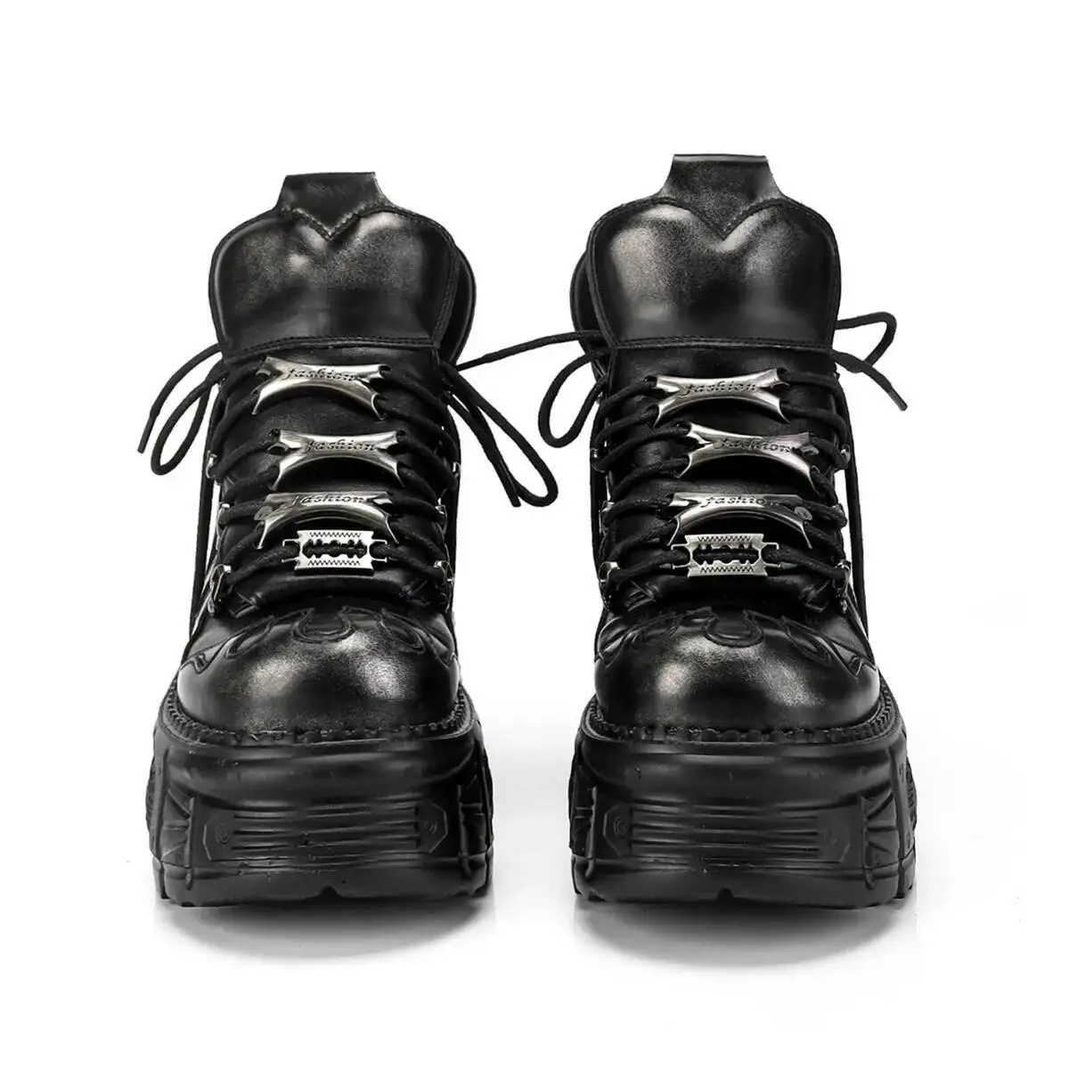 للجنسين القوطية الظلام نمط منصة أحذية فاسق المعادن الارتفاع زيادة دراجة نارية الأحذية مصقول ركوب الخيل #4