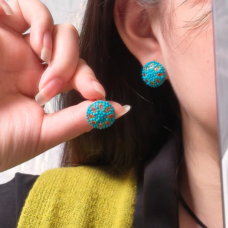 Turquoise Silver Plated 18K Gold Earrings Natural Turquoise Beauty Pine Small Rice Beads Versatile Women's Earrings