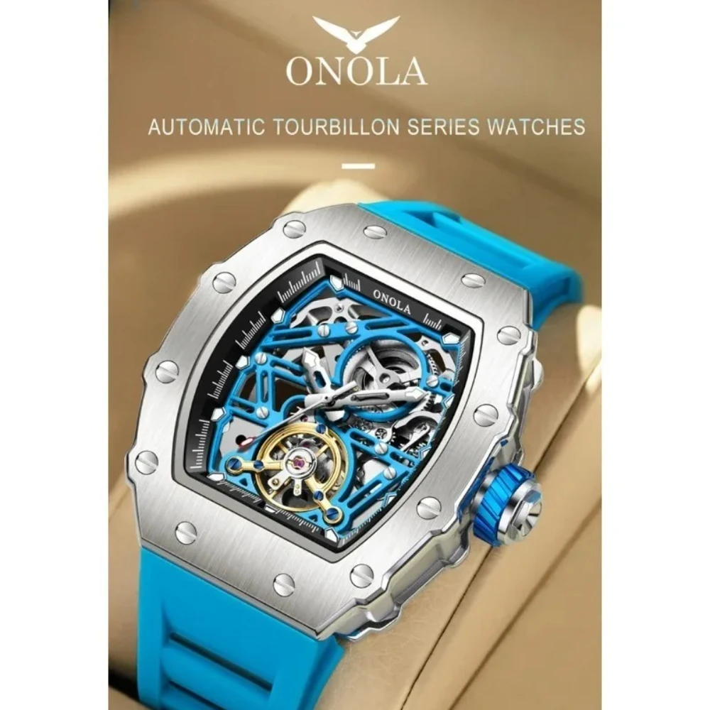 ONOLA 3854 Automatic Movement Men Watch Ourbillon Waterproof Silicone Strap Tonneau Mechanical Watches for Men Relogio Masculino