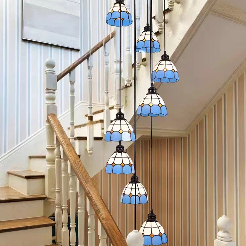 Mediterranean Staircase Pendant Lights Creative Blue Living Room Loft Duplex Building Rotating Staircase Long Tiffany Lights