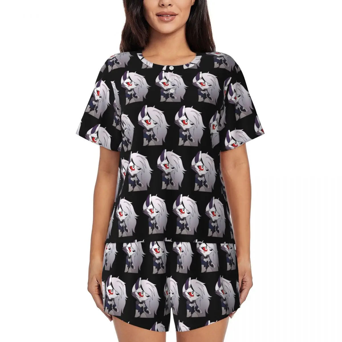 

Ночная рубашка Helluva Boss Loona с круглым вырезом и короткими рукавами для сна, женский мягкий пижамный комплект с короткими штанами