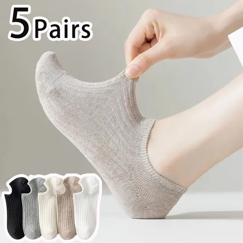 5 pares de calcetines invisibles de algodón de Color sólido para hombre y mujer, calcetines náuticos transpirables informales de corte bajo, calcetines invisibles, calcetines tobilleros cortos