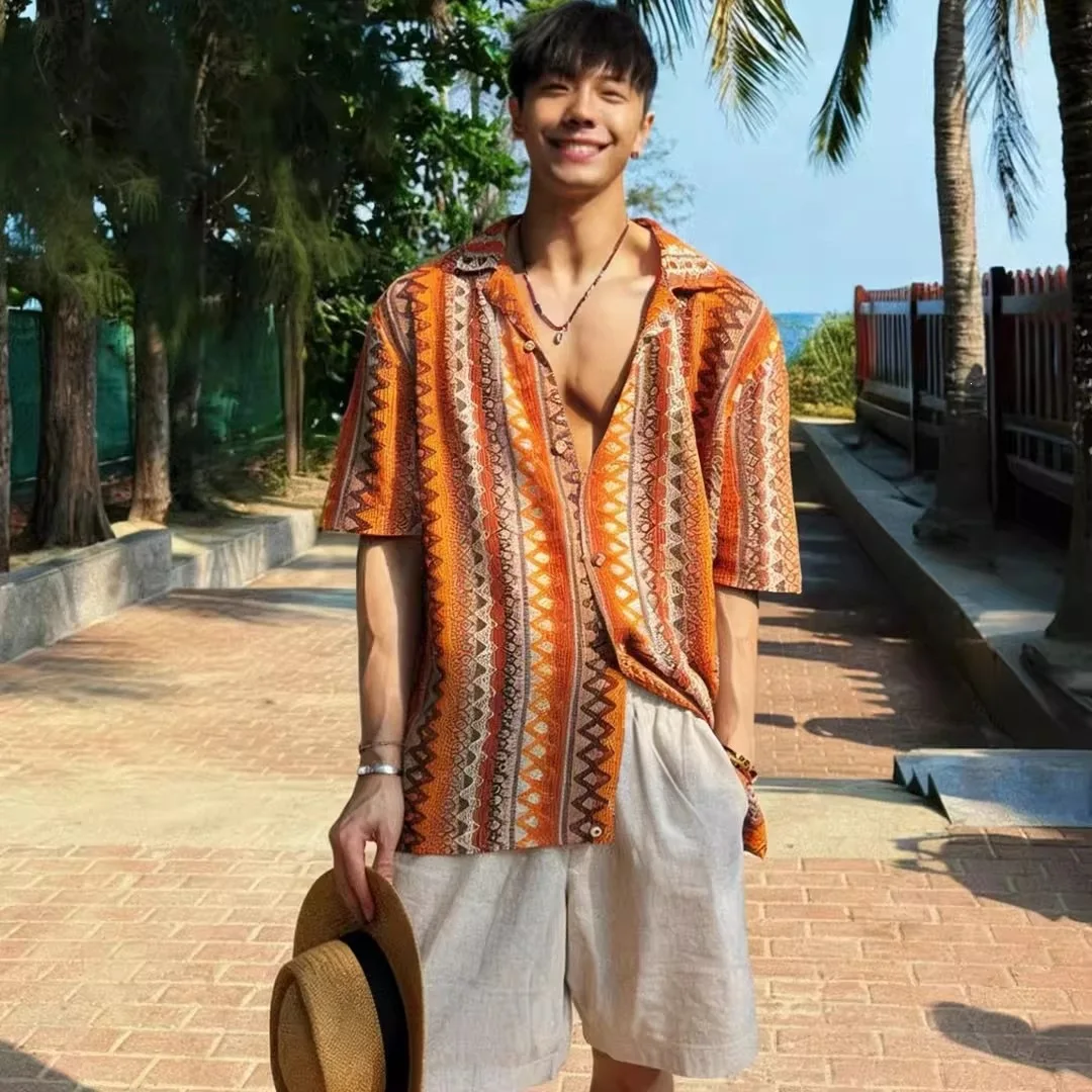

Retro Ethnic Style Men's Shirt Summer Beachwear Short Sleeve Floral Sun Protection Casual Loose Fit Polyester Shirt