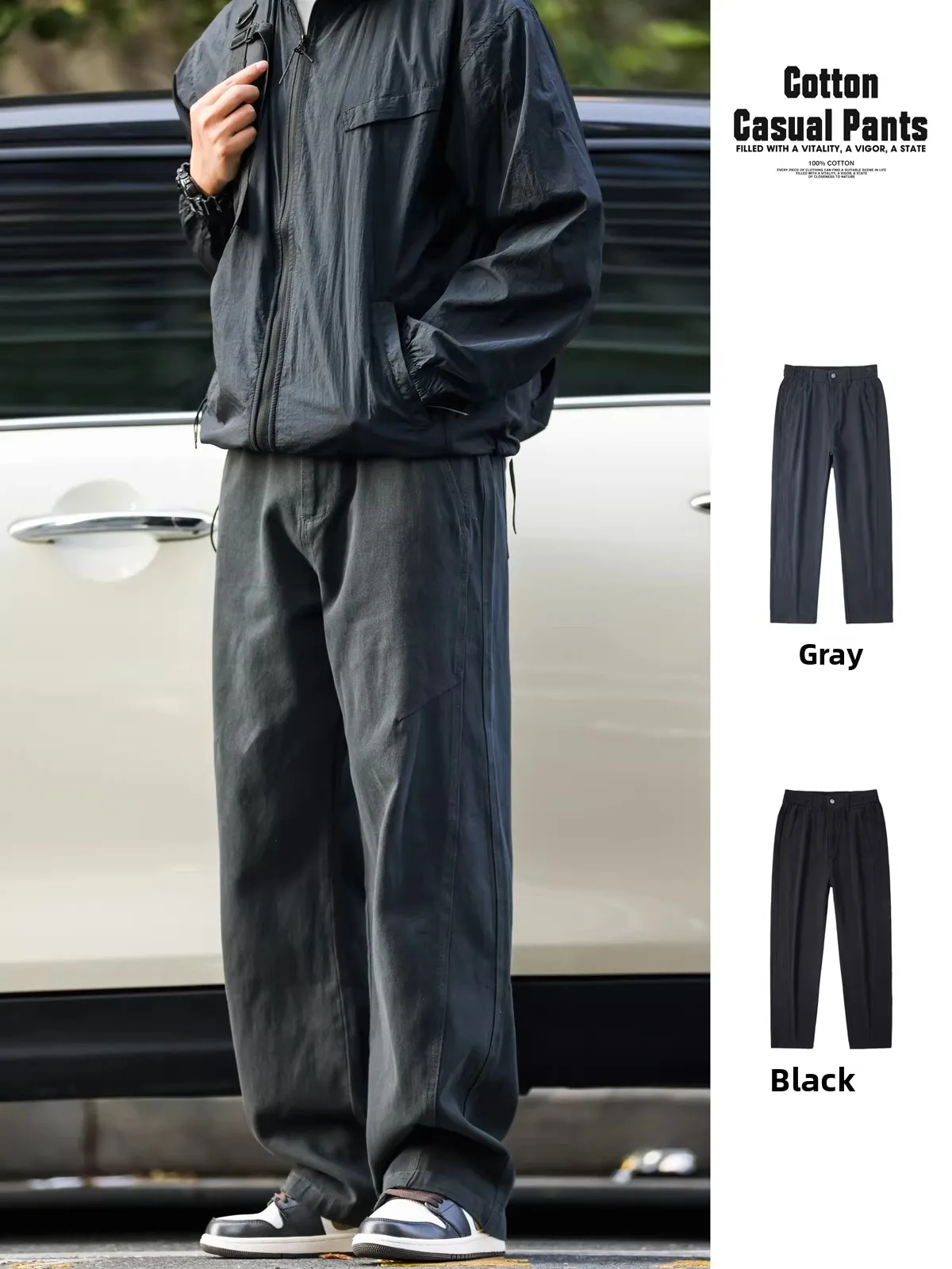 

American Retro Waed Cotton Straight Leg Casual Pants Men's Semi-Elastic Waist Versatile Long Trousers Loose Fit Summer Wear