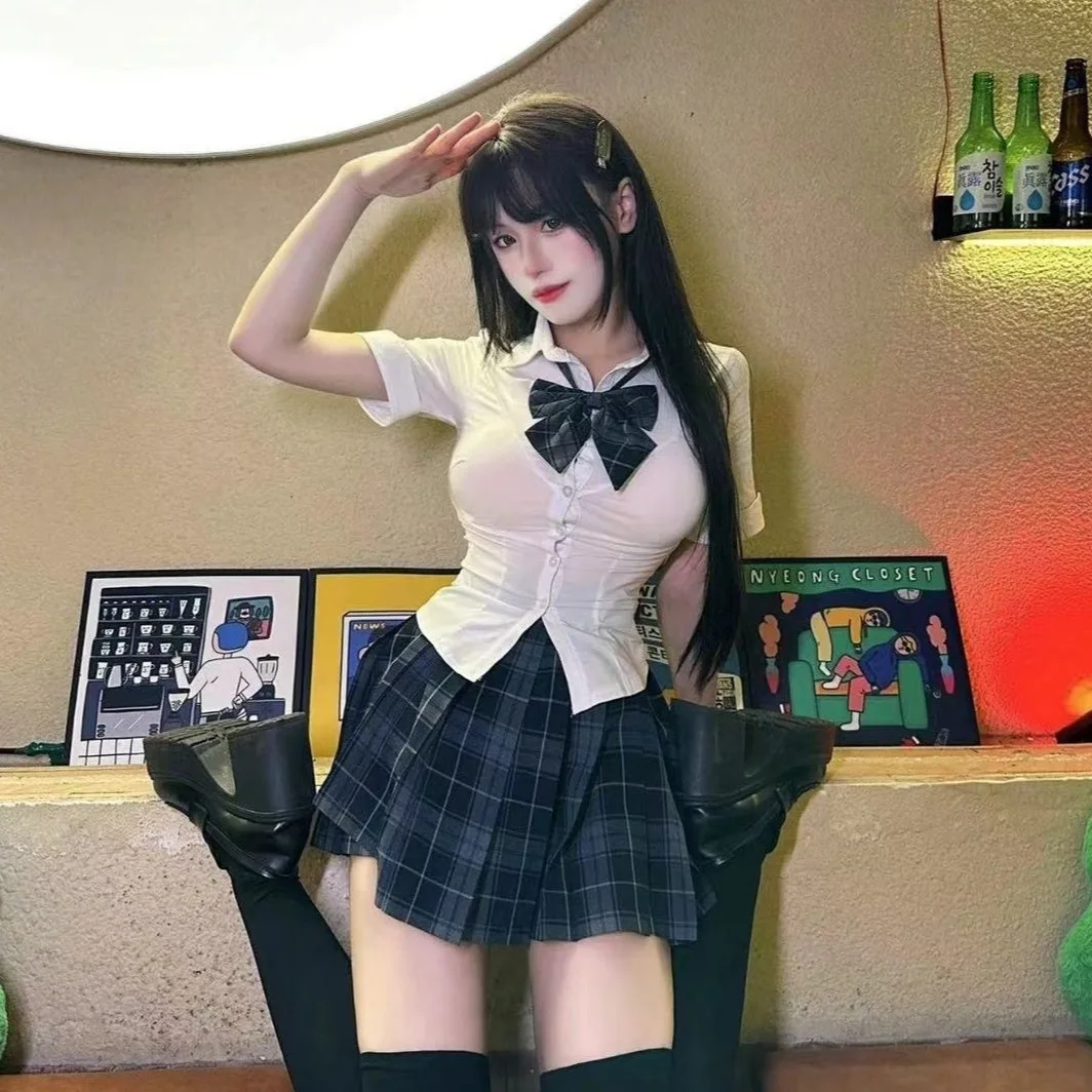 Women's College Style Shirt Skirt Set Short Sleeve Pleated Waist Cinched Fashionable School Uniform Retro Personality Ensemble