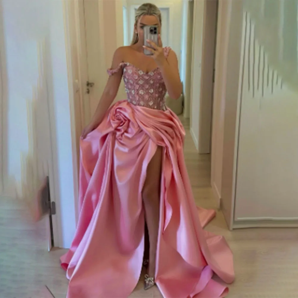 

Rose Pink Flower Skirt Evening Dresses 2025 Women Beading Neck Wedding Party Dress Crystals Birthday Reception Dress Customized