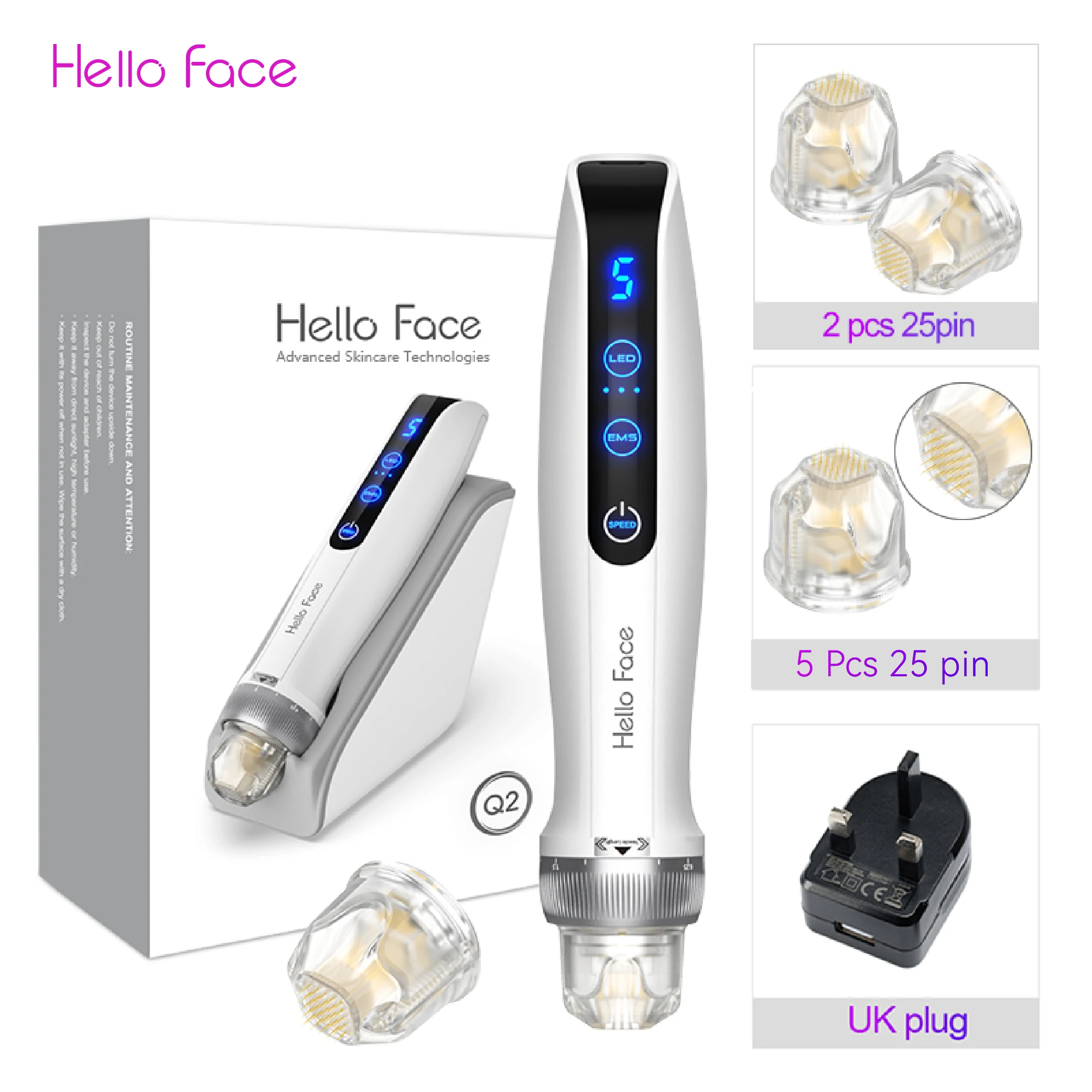 Hello Face Microneedling Pen Q2 Bio-Stift mit 7 Stück Titannadel, professioneller Derma-Stift, EMS-Therapiegerät für rotes und blaues Licht 7