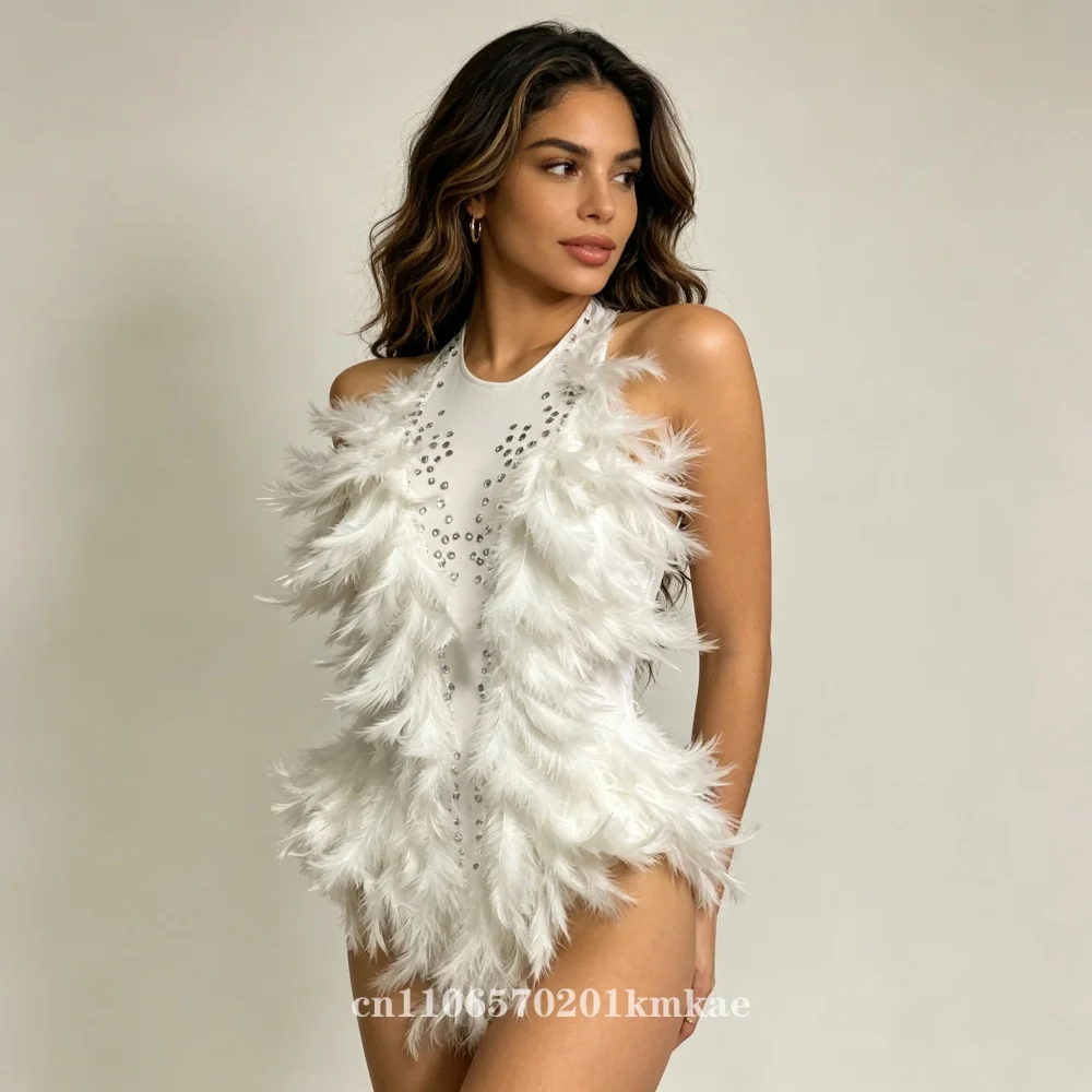

Nightclub Party Stage Performance Costume Sexy Suspenders White Feather Dress Colorful Rhinestone Backless Jumpsuit Latin Dance