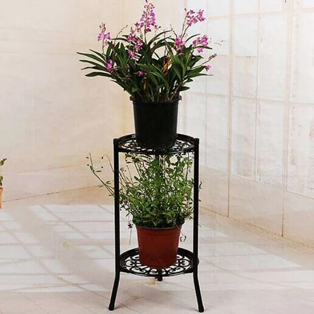 Two-Layer Elegant Metal Plant Stand Shelf Potted Plant Holder Modern Tall Plant Pot Stands for Indoor Outdoor Decor B