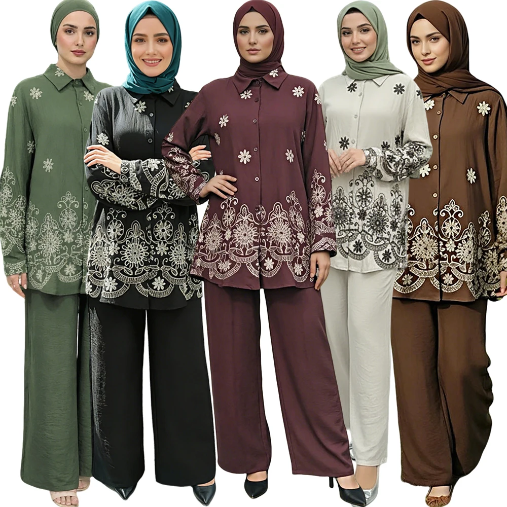 

Комплект для женщин на Ид: вышитая блузка и брюки-палаццо, 2 предмета, в стиле Дубай, турецкие наряды, исламская одежда, комплекты