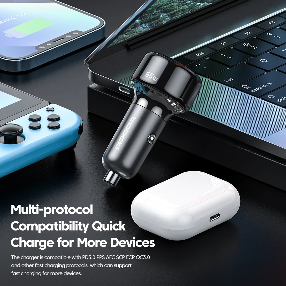 Caricabatterie USB Toocki 65W caricabatteria da auto ricarica rapida QC4.0 3.0 caricatore USB C per Xiaomi Samsung iPhone Display a LED caricatore per telefono da auto