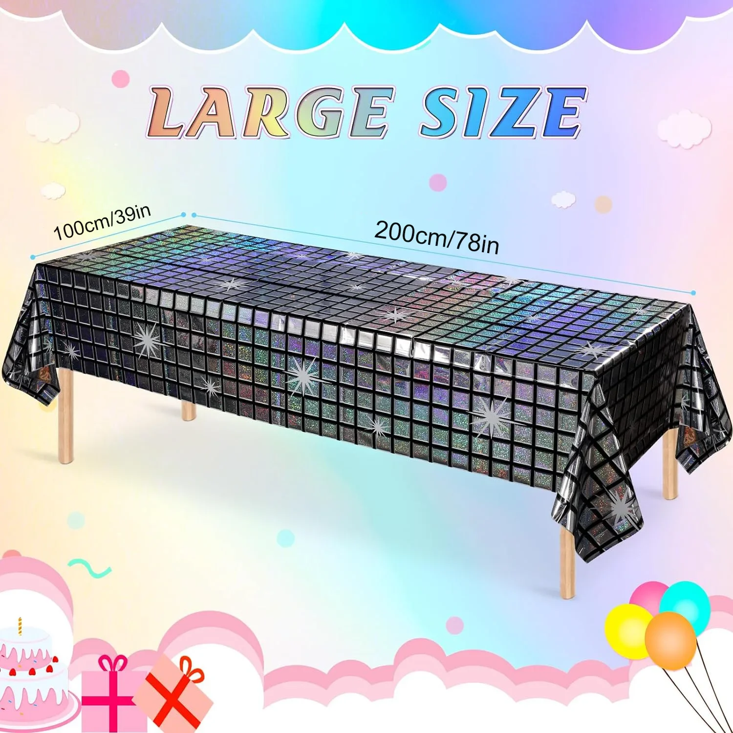 Retro Holographic Table Cover 70s Themed Party Decor Disposable Glitter Tablecloth Disco Ball Design for Bar Events Celebrations