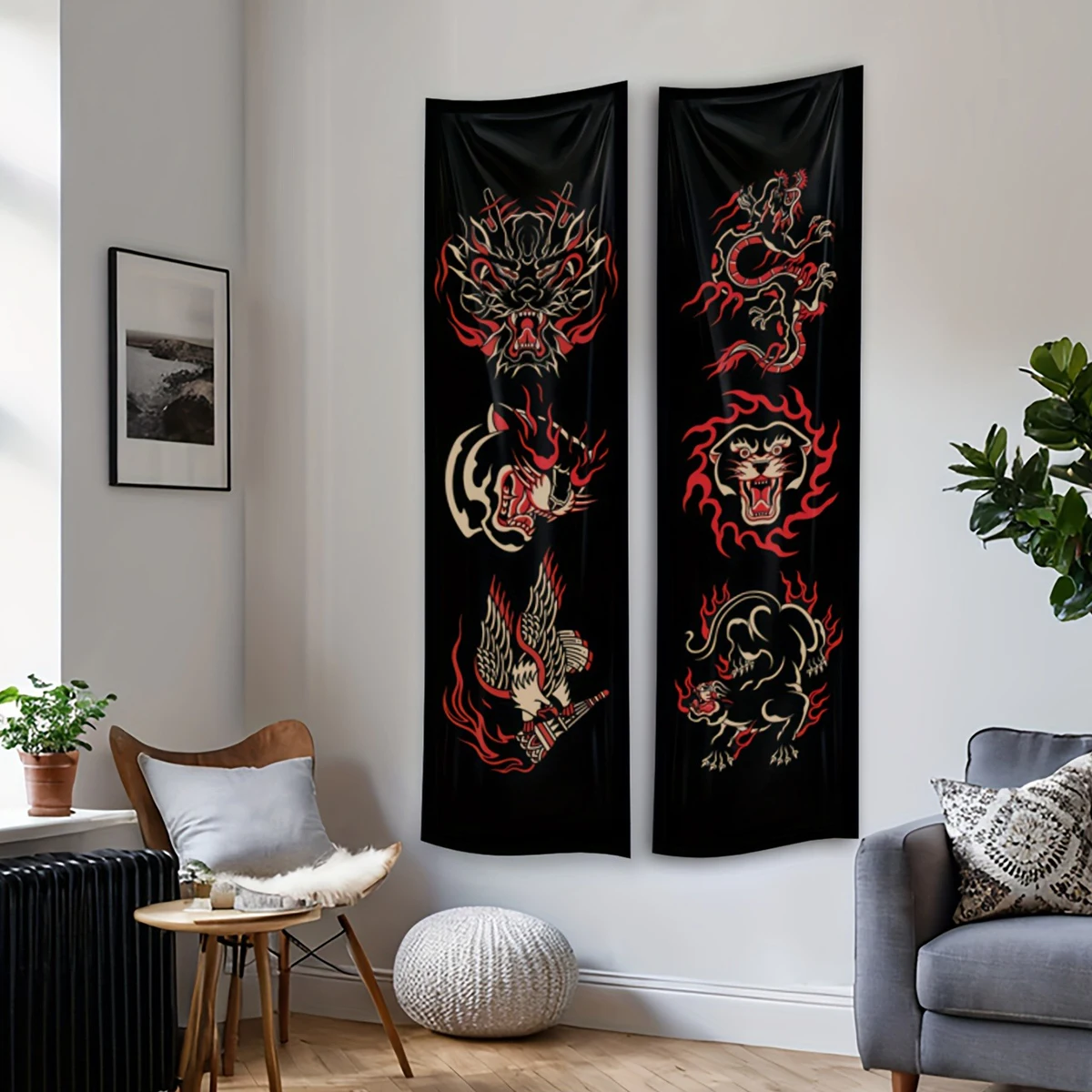 Animals Vertical Tapestry Lion Tiger Eagle Totem Tapestry Wall Hanging Black Aesthetic Tapestries for Bedroom and Living Room