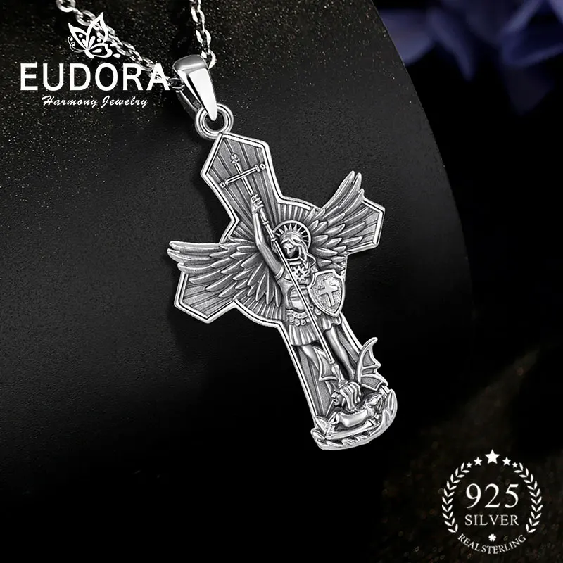 Eudora 925 Sterling Silver Saint Michael Necklace Archangel Amulet Cross Pendant Christian Jewelry Religious Gift for Men Women
