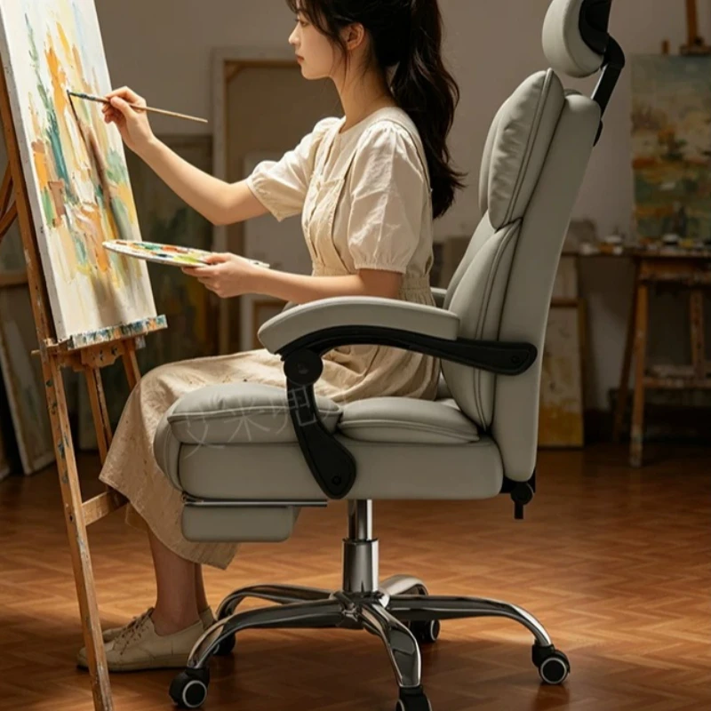 Lazy Leather Swivel Office Chair High Back Armchair Designer Rolling Office Chair Comfortable Gaming Sillas Gamer Furniture