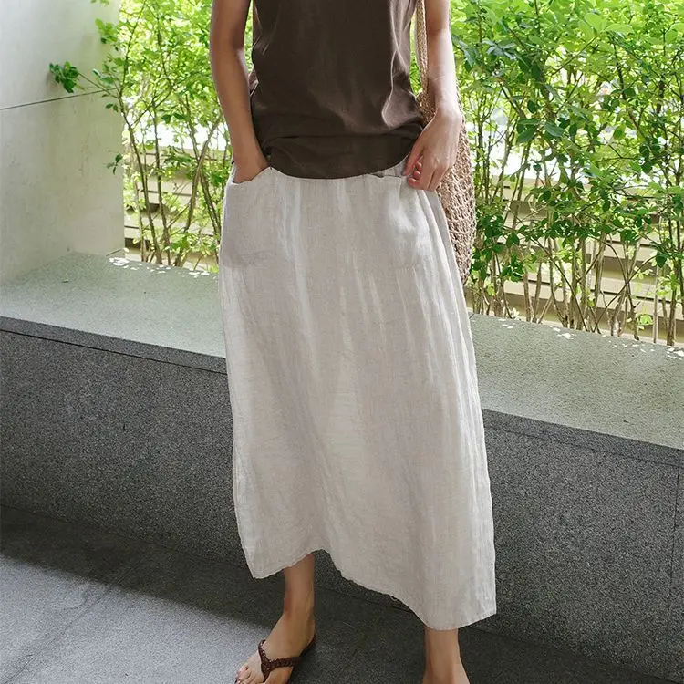 Spring Summer Women Cotton Linen Culottes Fake Two Piece Skort Front Slit Loose Wide Leg Cropped Trousers Casual Plus Size