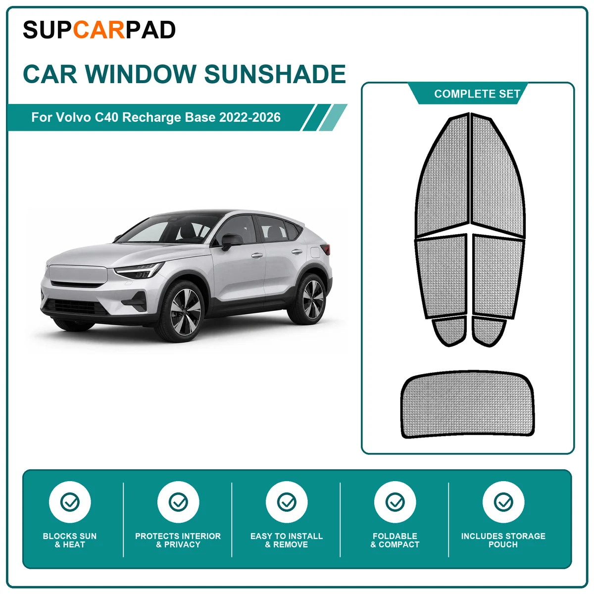 For Volvo C40 Recharge Base 2022-2026 Full Set Car Window Sunshades UV Block Privacy Heat Insulated Foldable Car Curtain