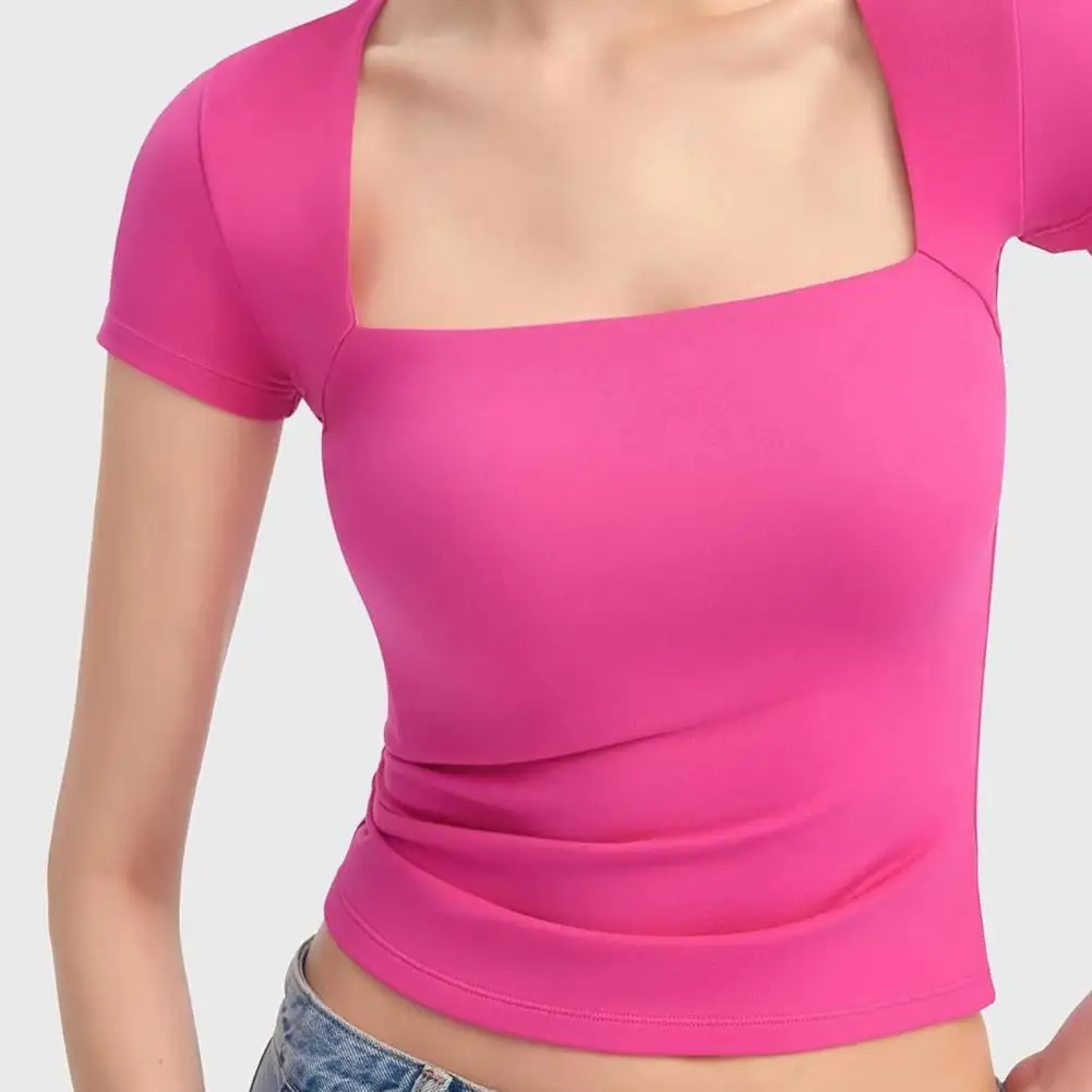 Blusa de manga corta ajustada para mujer, camisa elegante con cuello cuadrado, Color sólido, colección de verano