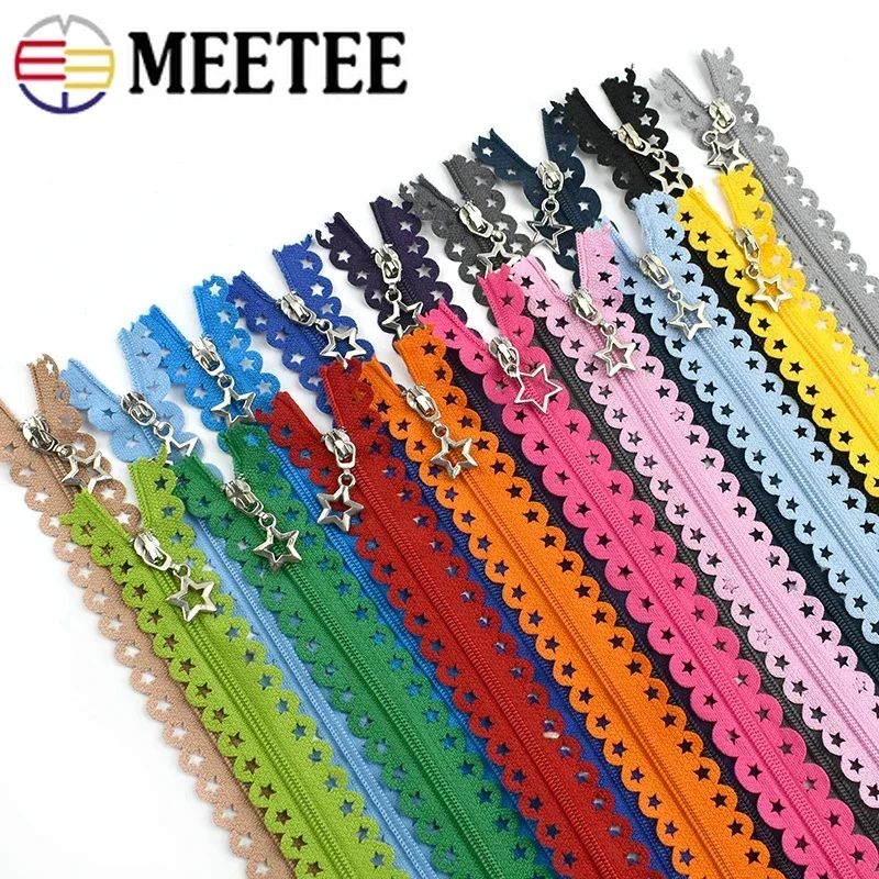 5Pcs 25cm(9.8Inches) 3# Close-End Nylon Zipper Star Slider Lace Decor Colorful Zip DIY Bag Garment Clothes Sewing Accessories