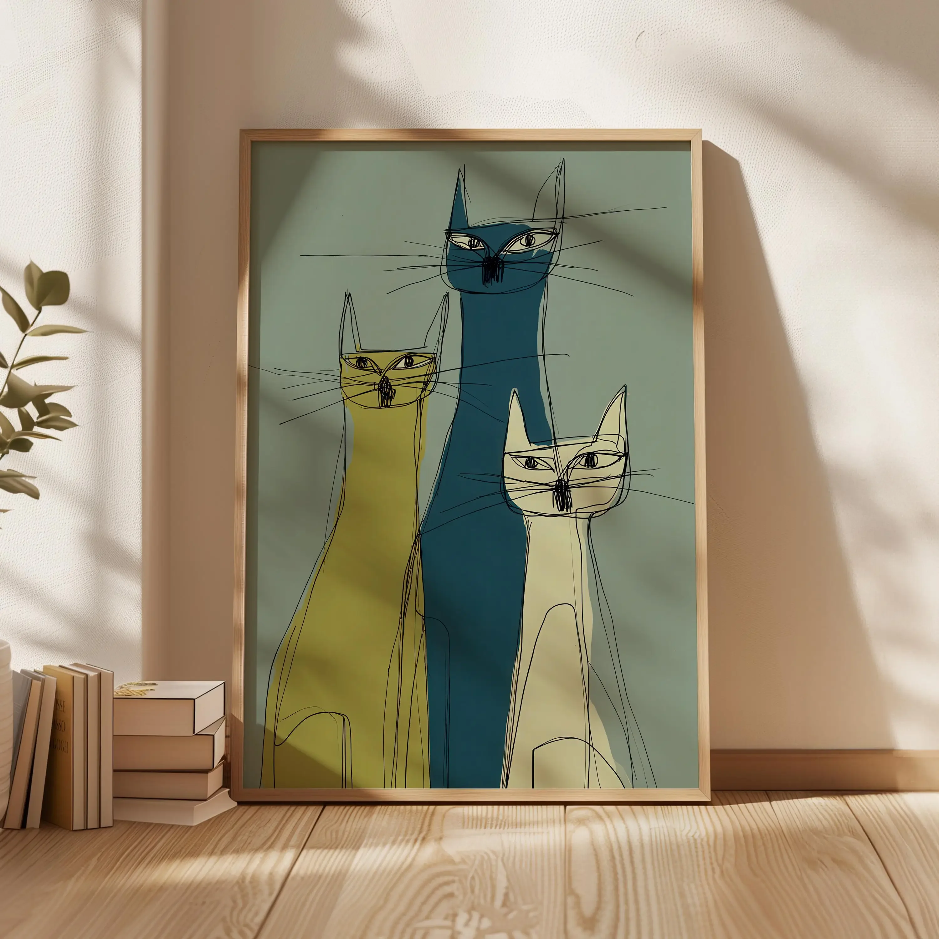 Multiple sizes 1pc frameless Canvas Painting,Modern Abstract Lines Cat Illustration Canvas Poster Minimalist Feline Wall Decor A