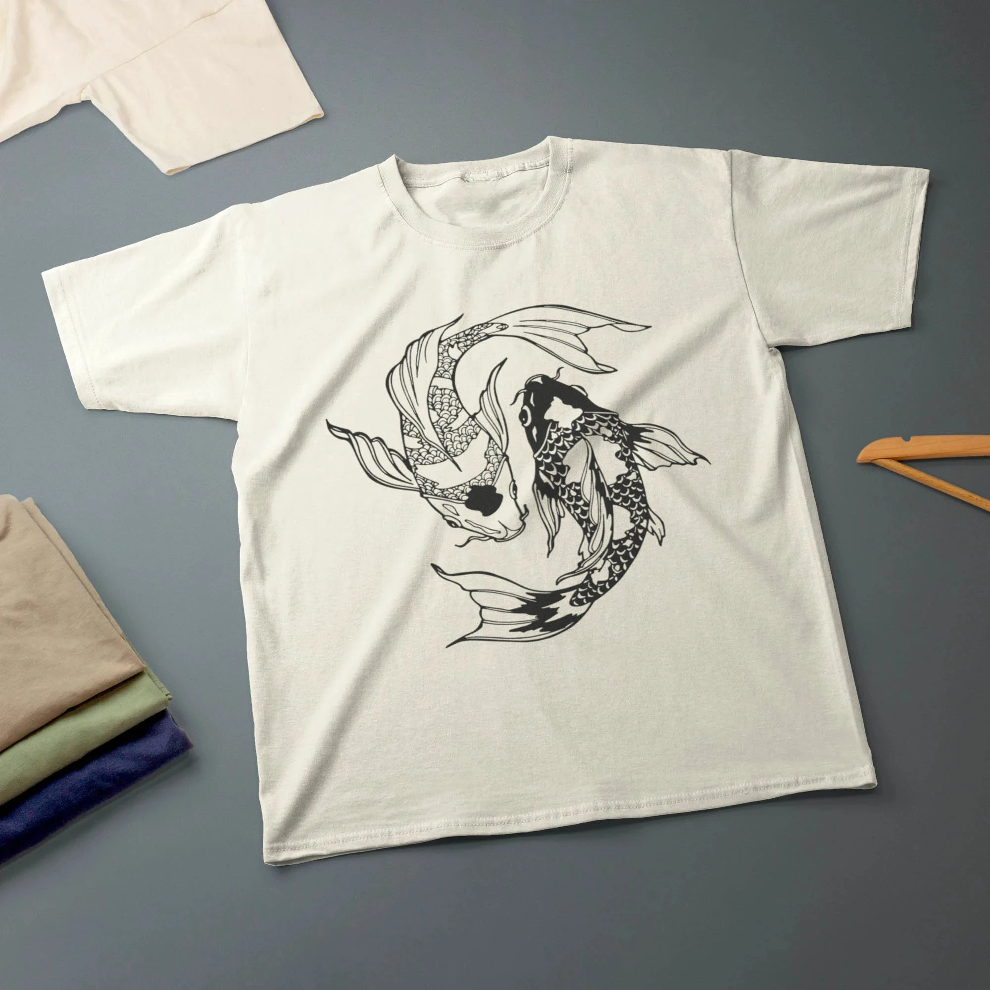 Koi Fish Yin Yang T-Shirt Ink Drawing Graphic T Shirts Retro Streetwear High-quality Crew-neck Short-sleeved Men's T-shirt