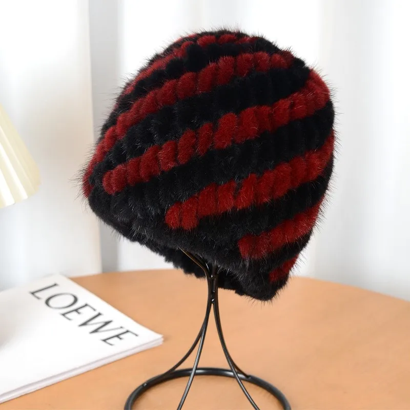 Fashionable new water-fleece hat for women of fur hand-woven ear-protecting domed and color-blocked
