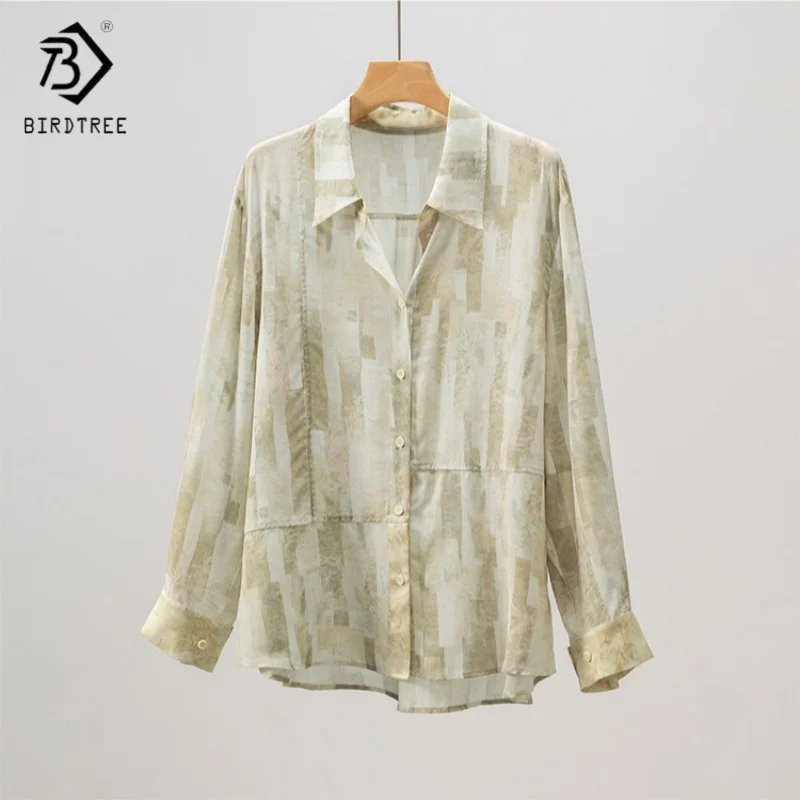 

Birdtree,100% Real Silk Print Blouse,Women's Double Crepe Single Breasted Lapel Tops,Full Sleeve Shirt,2025 Summer New T5D636JF