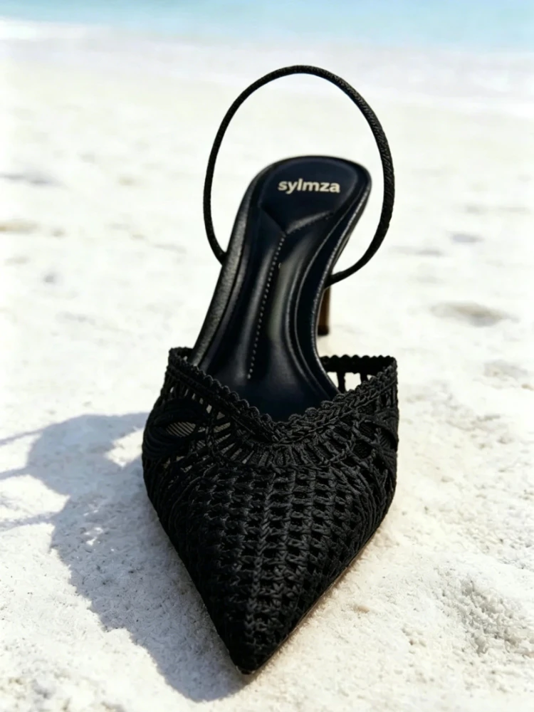Novely Hollow Woven Design Heels for Ladies Sexy Pointed Toe Slingback Summer High-heeled Sandals Elegant Designer Dress Shoes view 5