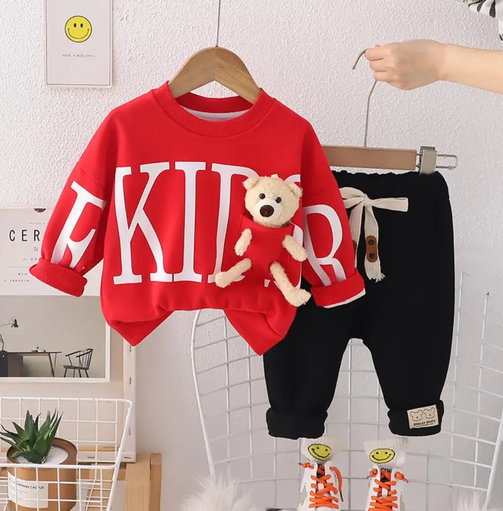 

2024 Boys Fall Clothes Outfits Set 12 To 24 Months Kids Cartoon Bear Doll Hoodies+Pant Two Piece Children Suit Toddler Tracksuit